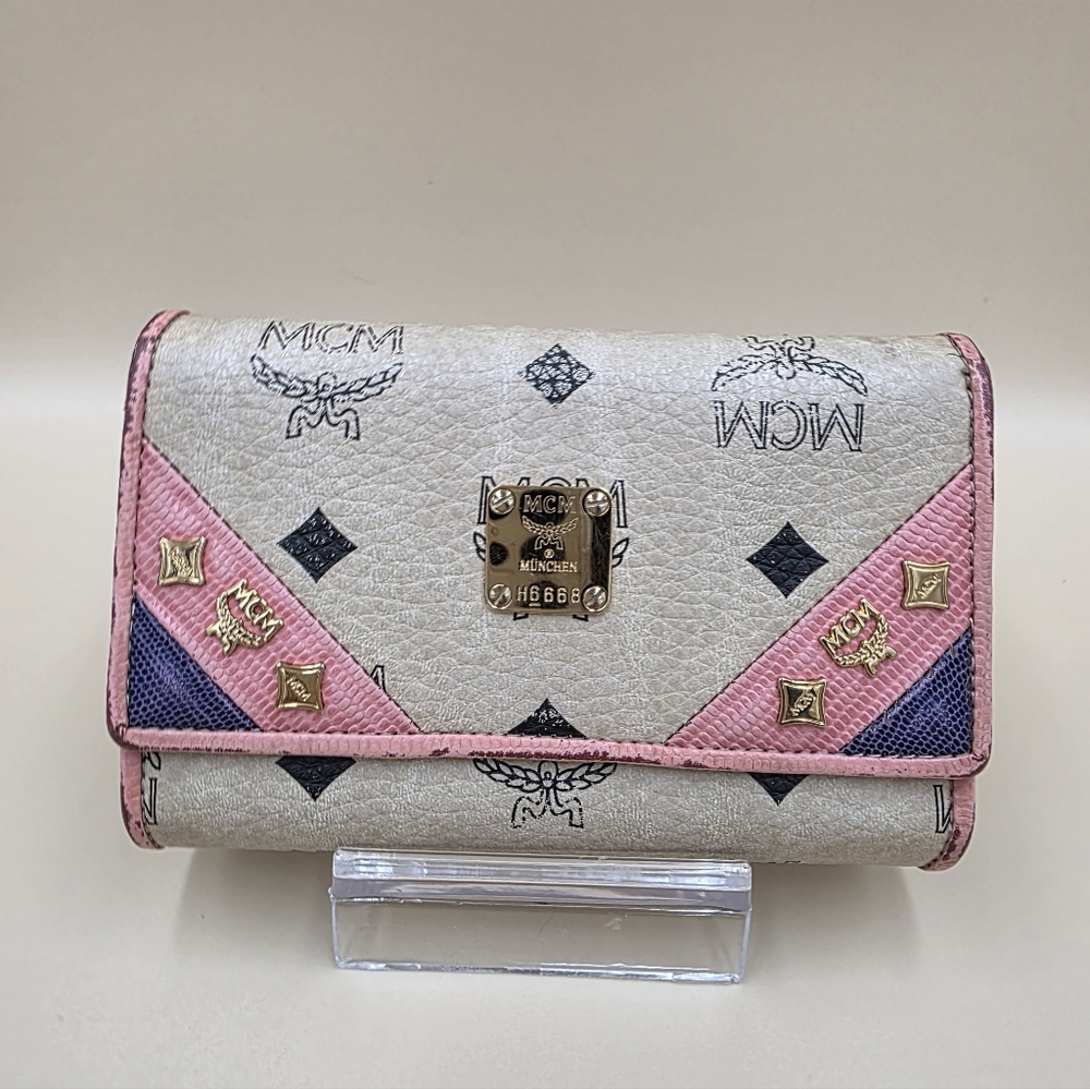 MCM Beige Logo Wallet with Pink and Navy Trim - Picture 1 of 7